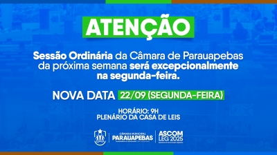 Câmara de Parauapebas antecipa sessão ordinária para o dia 22 de setembro